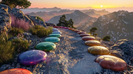 Chakra stones lined up along a mountain path, with a sunrise horizon, aligning energy with nature