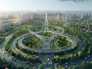 A city with a large highway that is surrounded by trees. The highway is a circle and has many cars on it