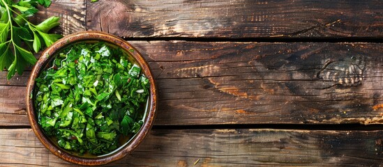 Fresh homemade diced green Chimichurri or Chimmichurri dressing consisting of parsley, garlic, oregano, spicy pepper, olive oil, vinegar, displayed on a wooden surface from above with space for text.