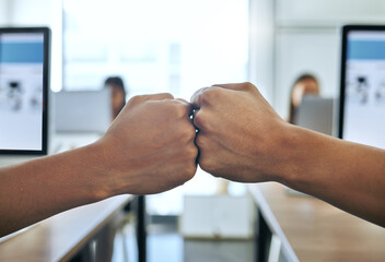 Fist bump, business people and team for deal or agree in office, trust and support with project....