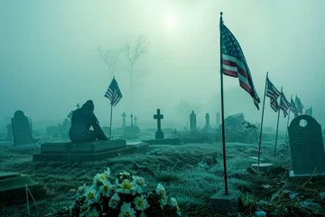 Foto op Plexiglas Memorial Day, A person is sitting solemnly by a gravestone in a misty cemetery, in honor to those who gave their all  © Bill