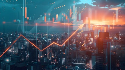 Business Growth Visualized: 3D Arrow Soaring Over Dynamic Cityscape on a Success-Driven Graph