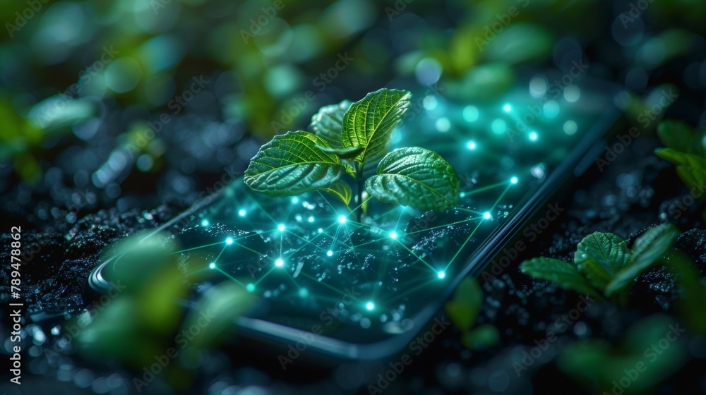 Poster mobile phone with green plants. smart farming concept. blue geometric background. wireframe light co