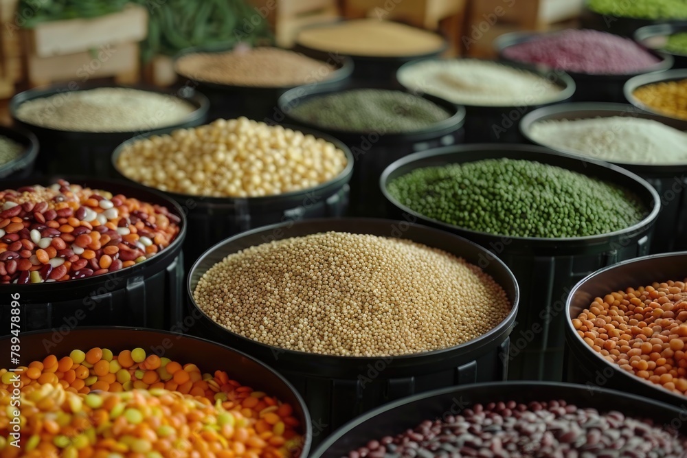 Poster assorted beans in different bowls, ideal for food and nutrition concepts