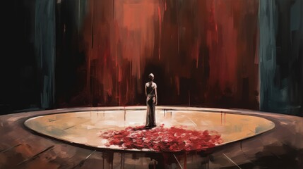 Obraz premium The Monologue, A solitary figure stands on an empty stage, pouring their heart out in a monologue that reveals their deepest fears, desires, and regrets, Generated AI.