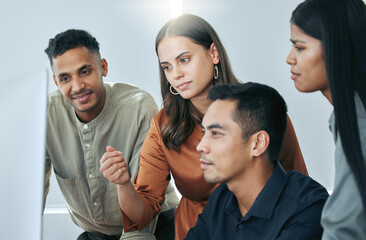 Fototapeta premium Business people, computer and teamwork speak in office, group and together for collaboration. Staff, workplace and pc for feedback or review company agenda, support and employees for online proposal