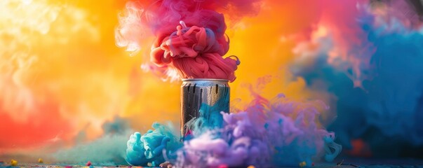 Vibrant colours exploding from a can, colourful explosion