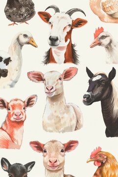 Colorful farm animals painted in watercolors. Ideal for children's books or educational materials