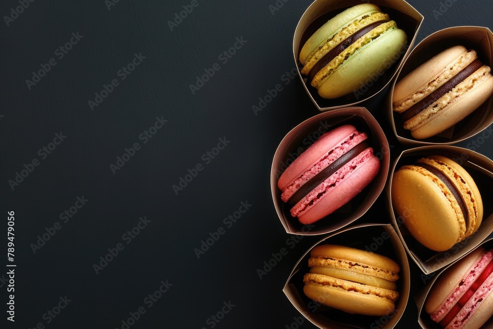 Poster a variety of macarons neatly arranged in a box. perfect for dessert menus or bakery ads