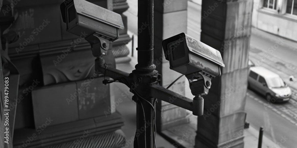 Poster surveillance cameras on a pole in a city street. suitable for security concepts