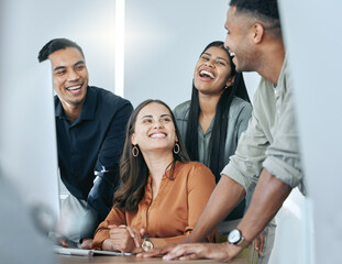 Business people, computer and teamwork laugh in office, group and together for collaboration. Happy staff, workplace and pc for feedback or review company plan, support and humor for online proposal