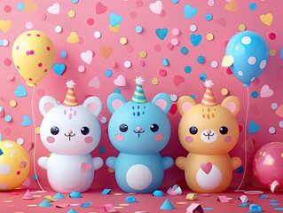 A birthday banner with cartoon characters and balloons, solid color background, 4k, ultra hd