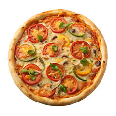 Delicious fresh oven pizza loaded with tomatoes salami and crispy baconfull