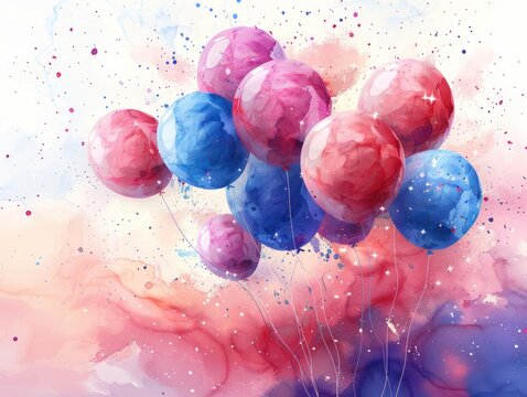 A birthday banner with a watercolor painting of balloons and confetti, solid color background, 4k, ultra hd