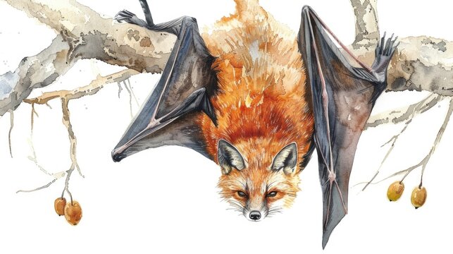 A painting of a bat hanging from a tree branch. Perfect for Halloween decorations