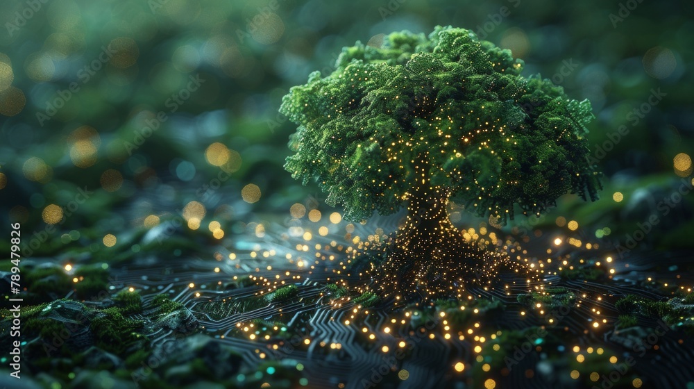 Aufkleber A futuristic polygonal illustration of a green technology concept of a digital environment. A glowing neon tree on a circuit board background. Modern illustration of the future growth and development