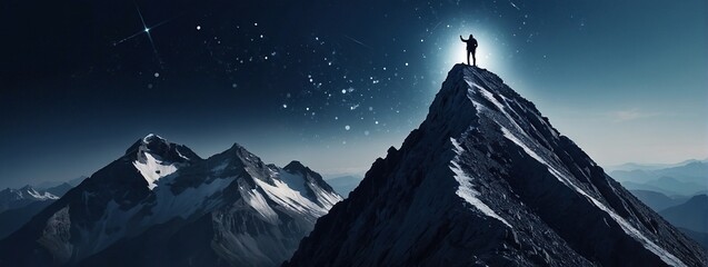 Digital mountain with a flag and a professional climbing businessman on the top, Abstract goals achievement and ambitions concept, Technology dark blue background with peaks and constellations