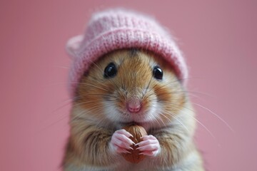 A hamster wearing a tiny birthday hat and holding a nut, solid color background, 4k, ultra hd