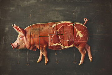 An educational yet whimsically incorrect illustration showing a pig divided into sections labeled as beef cuts, presented with the factual rigor of documentary work and the visual appeal. - obrazy, fototapety, plakaty