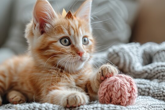 A kitten wearing a birthday crown and batting at a toy, solid color background, 4k, ultra hd