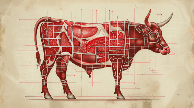 An educational drawing of a cow, segmented to show various beef cuts, crafted with the detail.