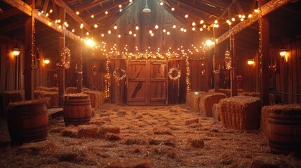 A rustic birthday party in a barn setting with hay bales and string lights, 4k, ultra hd - obrazy, fototapety, plakaty