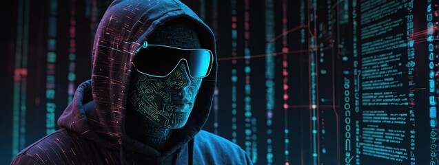 Fraud or scam background, Abstract hacker behind the monitor hologram with programmer code, Cybercriminal icons on a background, Cyber attack, computer hack, cybersecurity concept. Vector illustration