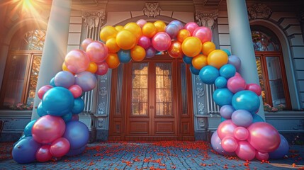 Fototapeta na wymiar A vibrant birthday balloon arch framing a doorway for a grand entrance, 4k, ultra hd