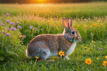 Fototapeta premium Rabbit on the lawn with flowers at sunset.