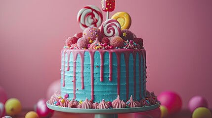 A whimsical birthday cake topped with miniature figurines and oversized lollipops, 4k, ultra hd