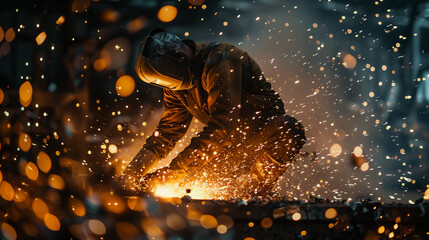 A man is working with sparks and fire, wearing a helmet and a jacket. The scene is intense and dangerous metal grinding, with the sparks flying everywhere. The man is focused on his work