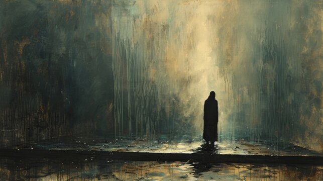 The Monologue, A solitary figure stands on an empty stage, pouring their heart out in a monologue that reveals their deepest fears, desires, and regrets, Generated AI.