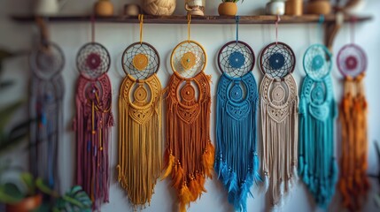 Bohemian dreamcatchers and macrame wall hangings for a boho chic party on white background, 4k, ultra hd - obrazy, fototapety, plakaty
