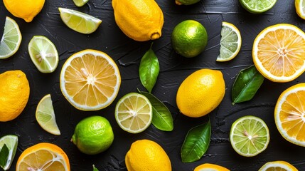  Assorted Fresh Citrus Fruits with Leaves on Black Background