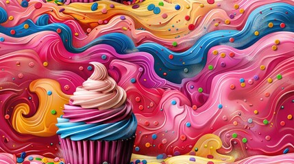 Cheerful cupcake illustration with sprinkles and frosting swirls in vibrant colors, evoking joy and celebration, pattern