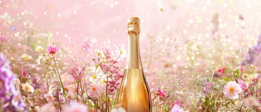 A light pink background paired with a gold champagne bottle