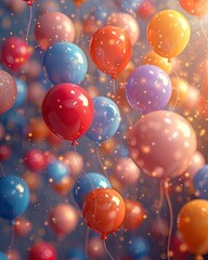 Colorful balloons floating in a room filled with golden sunlight, solid color background, 4k, ultra hd