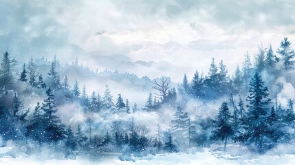A serene painting of a snowy mountain scene. Suitable for winter-themed designs