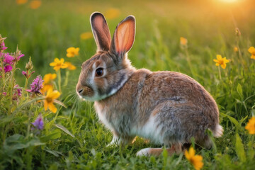 Fototapeta premium Rabbit on the lawn with flowers at sunset.