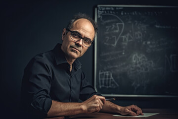 Thoughtful male professor at a desk, poised to write, with complex equations on a chalkboard behind, suggesting deep expertise and contemplation
