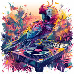 A vibrant and energetic depiction of a parrot DJ spinning records at a jungle-themed party, surrounded by dancing animals,generative ai