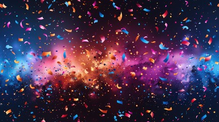 Dynamic burst of confetti in bold, vibrant colors against a dark background, creating a sense of excitement and celebration, pattern