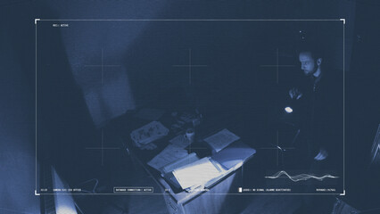 Spy photographs secret documents in a night office, caught on a surveillance camera  - obrazy, fototapety, plakaty