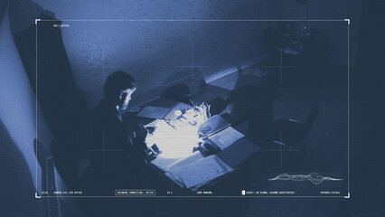 Male spy with a flashlight enters the boss's room and searches through documents, as seen from a camera 