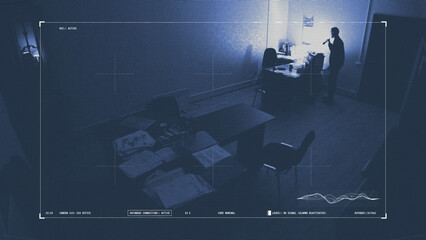 Man trespasses in an office at night, searching for insider business data, under surveillance  - obrazy, fototapety, plakaty