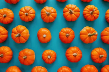 Rolgordijnen Top view of orange pumpkins arranged in a circle on a blue background, flat lay composition © SHOTPRIME STUDIO