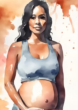 Pregnant woman with dark hair wearing a gym or yoga clothes sports bra and leggings watercolor painting portrait with muted colors paint splash background