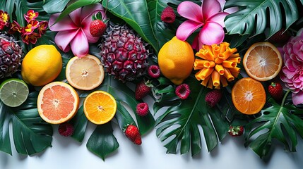 Lush tropical paradise theme with palm trees, exotic fruits, and vibrant flowers for a lush and exotic island celebration on white background, 4k, ultra hd
