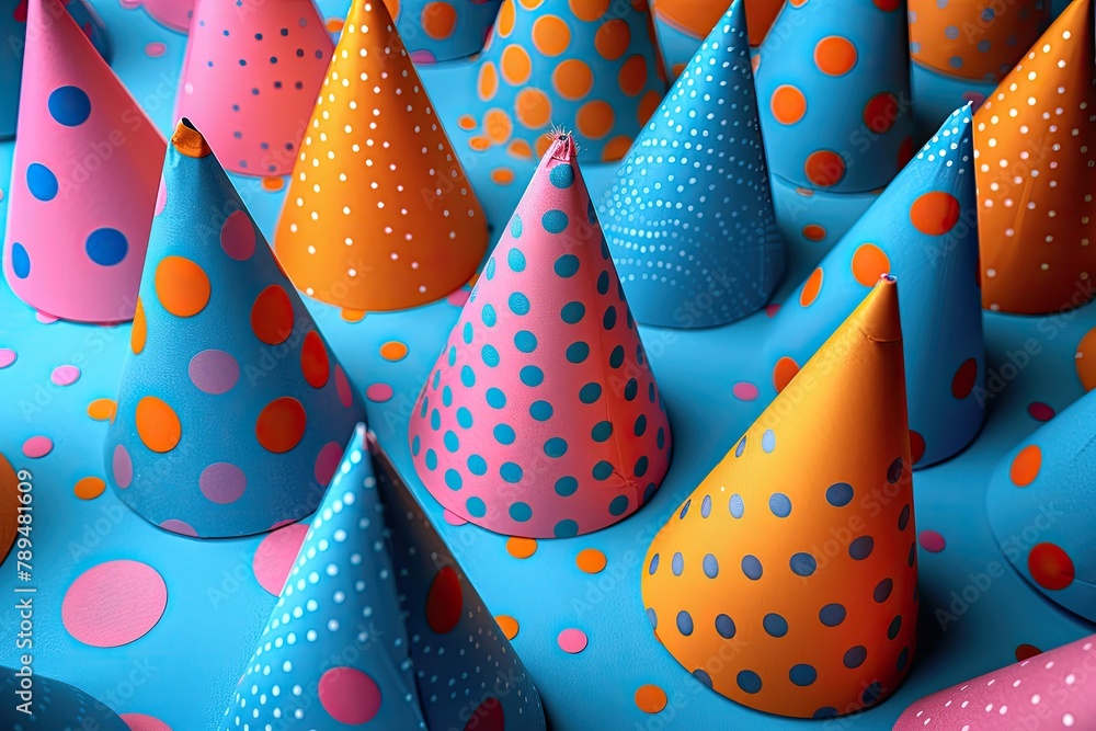 Poster party hats and noisemakers arranged in a playful pattern on a colorful background, solid color backg