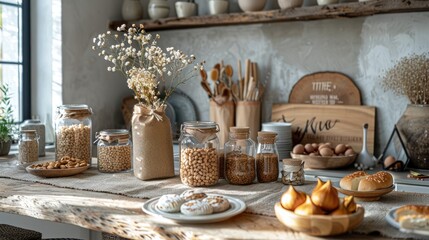Rustic farmhouse party decor with burlap table runners, mason jar centerpieces, and vintage signs for a cozy and charming atmosphere on white background, 4k, ultra hd